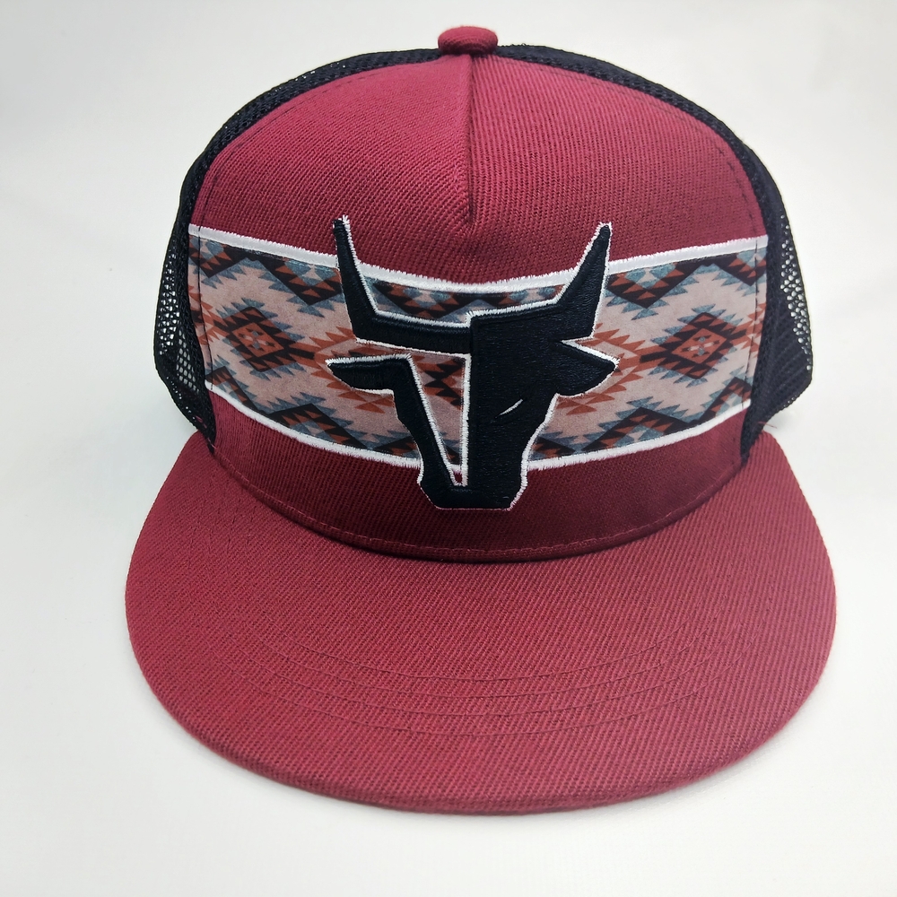 Burgundy And Black Western Trucker Hat with Bull Logo